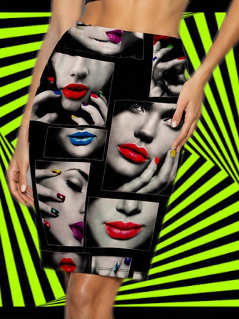 Cleo Pop Art / Comic Colorful Lips + Nail Stretchy Pencil Skirt M